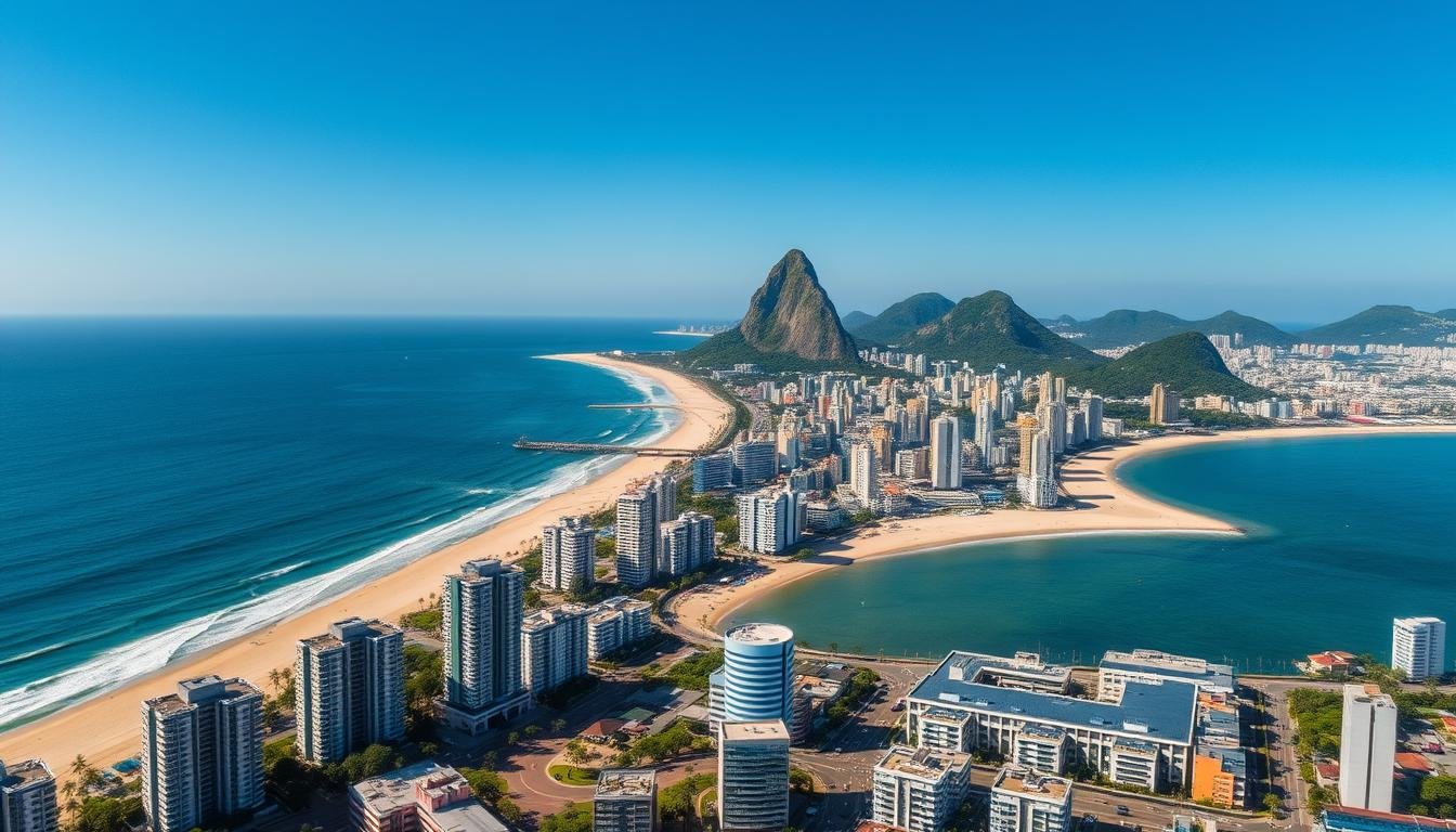Aerial view of Rio de Janeiro coastline showing beachfront properties and urban development, highlighting best place to invest Brazil property