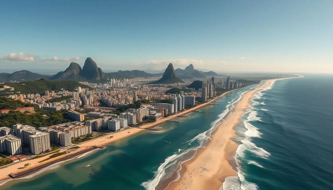 Aerial view of Rio de Janeiro coastline with luxury beachfront properties, showcasing prime Brazil real estate investment opportunities