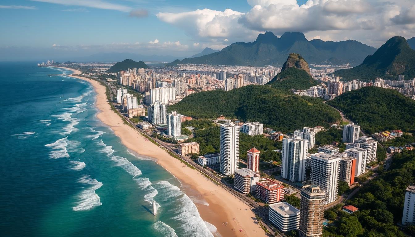 Aerial view of Rio de Janeiro coastline with luxury real estate and invest in Brazil real estate opportunities