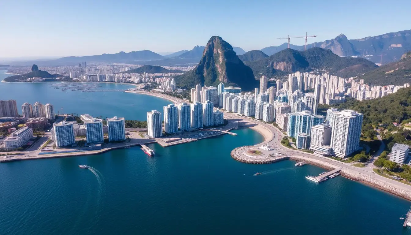 Aerial view of Rio de Janeiro's coastline with modern buildings and investment properties