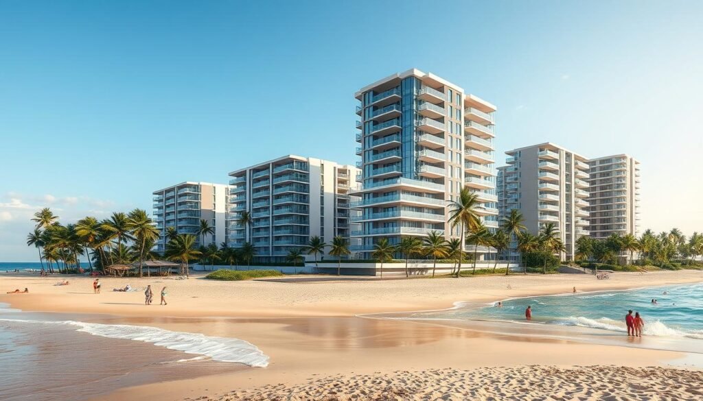 Beachfront properties in Fortaleza, Ceará, showing luxury condos along the coastline, representing best place to invest Brazil property Beachfront properties in Fortaleza, Ceará, showing luxury condos along the coastline, representing best place to invest Brazil property