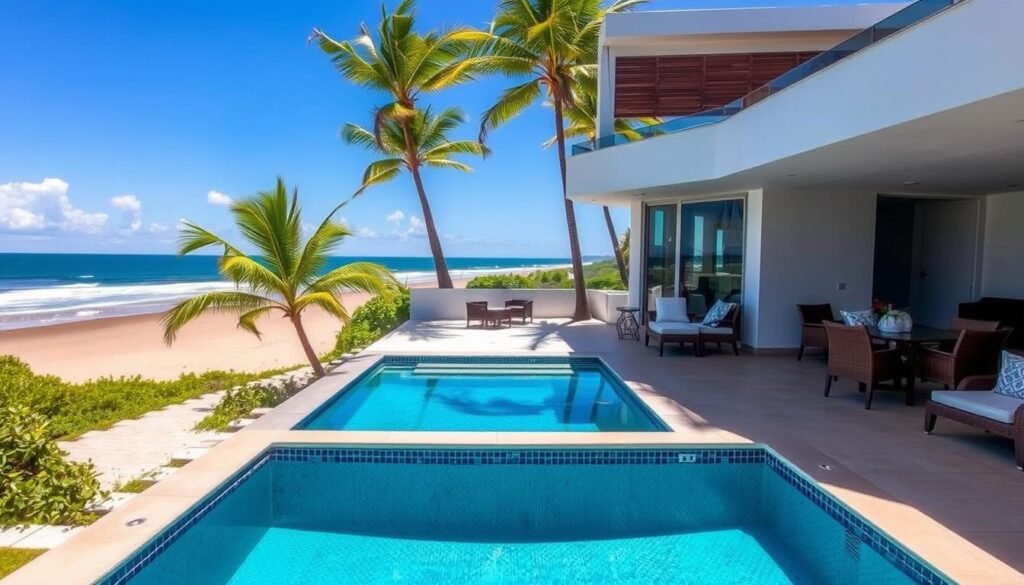 Beachfront vacation rental property in Northeast Brazil with rental management service sign Beachfront vacation rental property in Northeast Brazil with rental management service sign