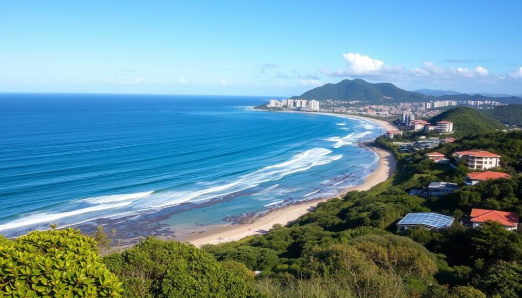 Beautiful beaches of Florianópolis with luxury properties visible on hillsides, showing best place to invest Brazil property Beautiful beaches of Florianópolis with luxury properties visible on hillsides, showing best place to invest Brazil property