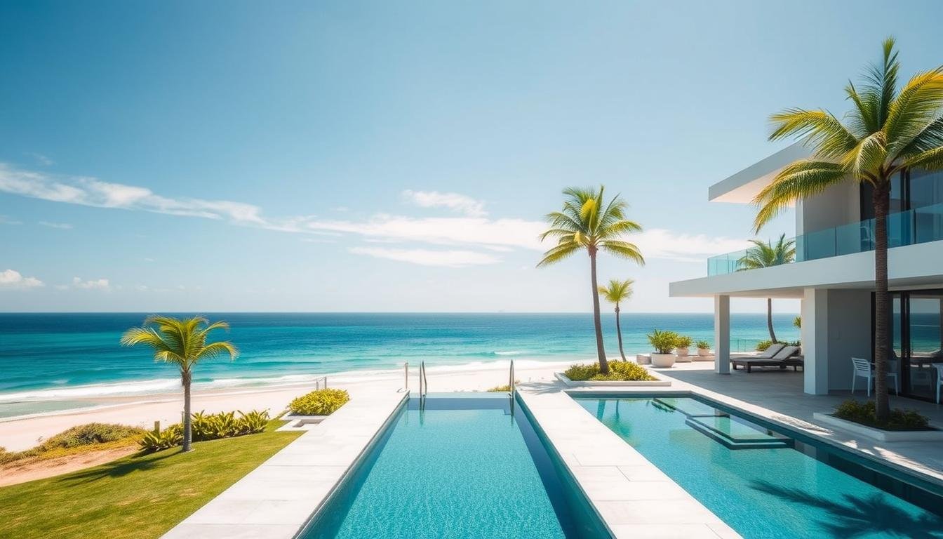 Beautiful coastal property in Brazil with palm trees and ocean view
