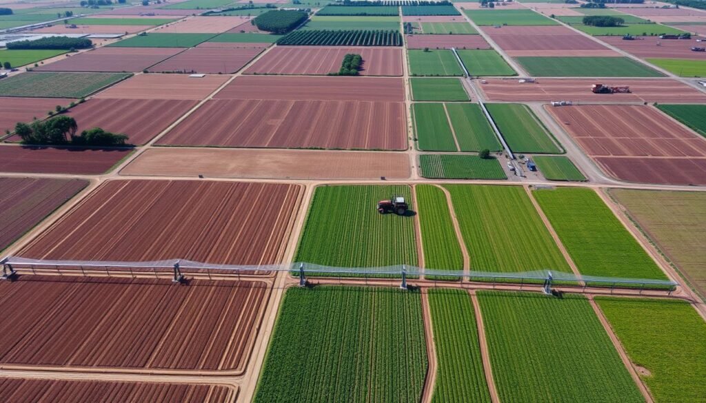 Brazilian agricultural farmland with crops and modern farming equipment Brazilian agricultural farmland with crops and modern farming equipment