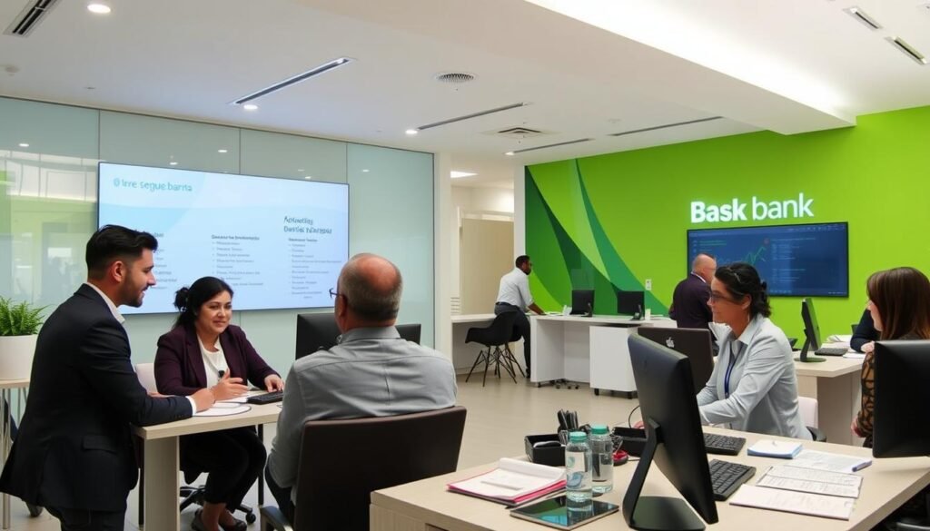 Brazilian bank office with customers discussing financing options Brazilian bank office with customers discussing financing options
