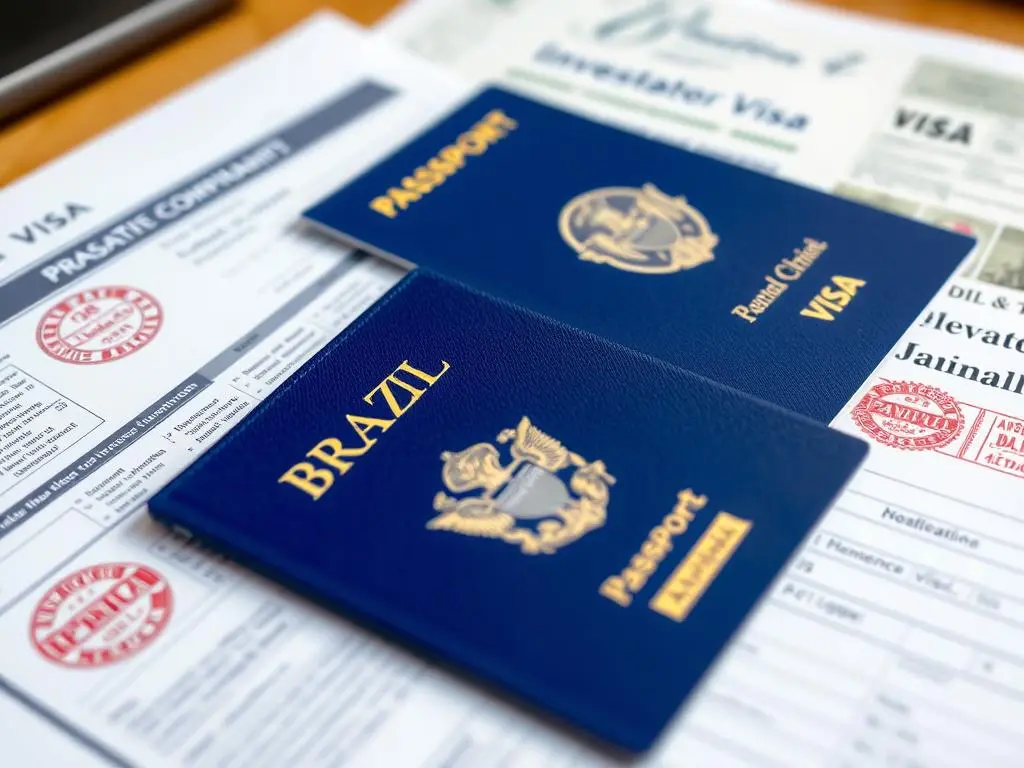 Brazilian visa and passport with real estate documents for investors in Brazil real estate Brazilian visa and passport with real estate documents for investors in Brazil real estate