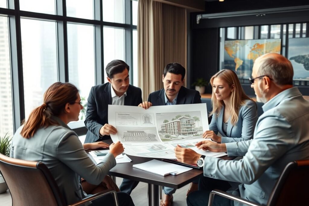 Business meeting between foreign investors and Brazilian real estate developers discussing property investment in Brazil partnerships Business meeting between foreign investors and Brazilian real estate developers discussing property investment in Brazil partnerships