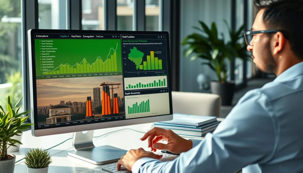 Business person analyzing Brazilian real estate investment risks and opportunities chart Business person analyzing Brazilian real estate investment risks and opportunities chart