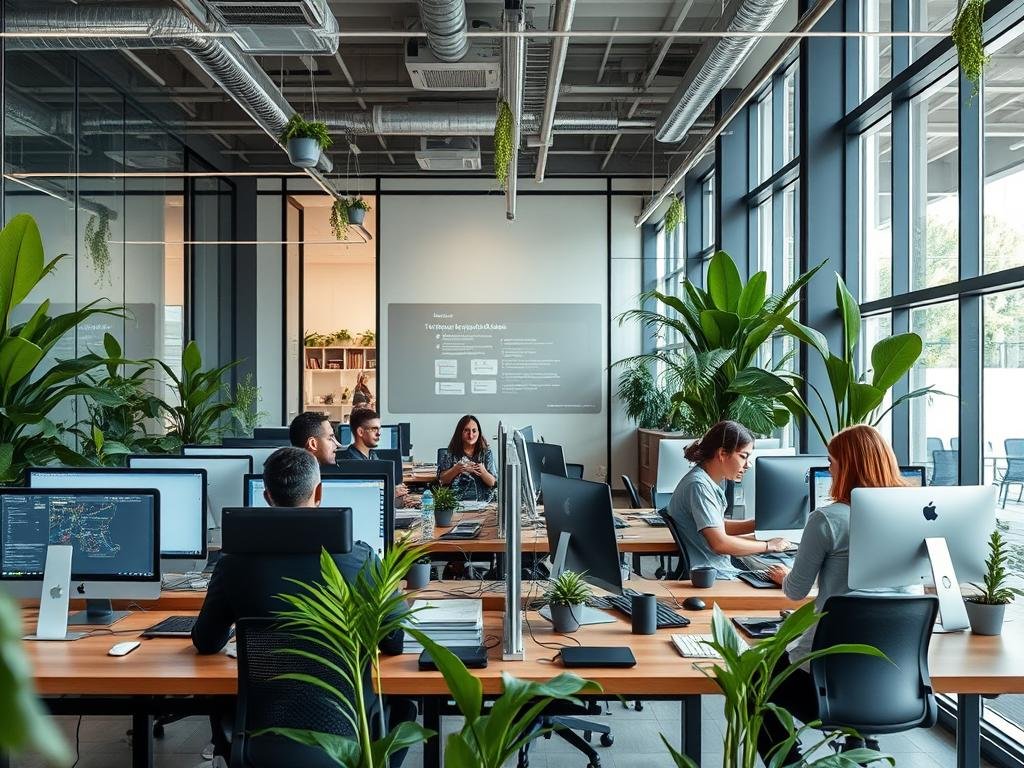 Centro de inovação tecnológica em Florianópolis com profissionais trabalhando em um ambiente moderno de coworking Centro de inovação tecnológica em Florianópolis com profissionais trabalhando em um ambiente moderno de coworking