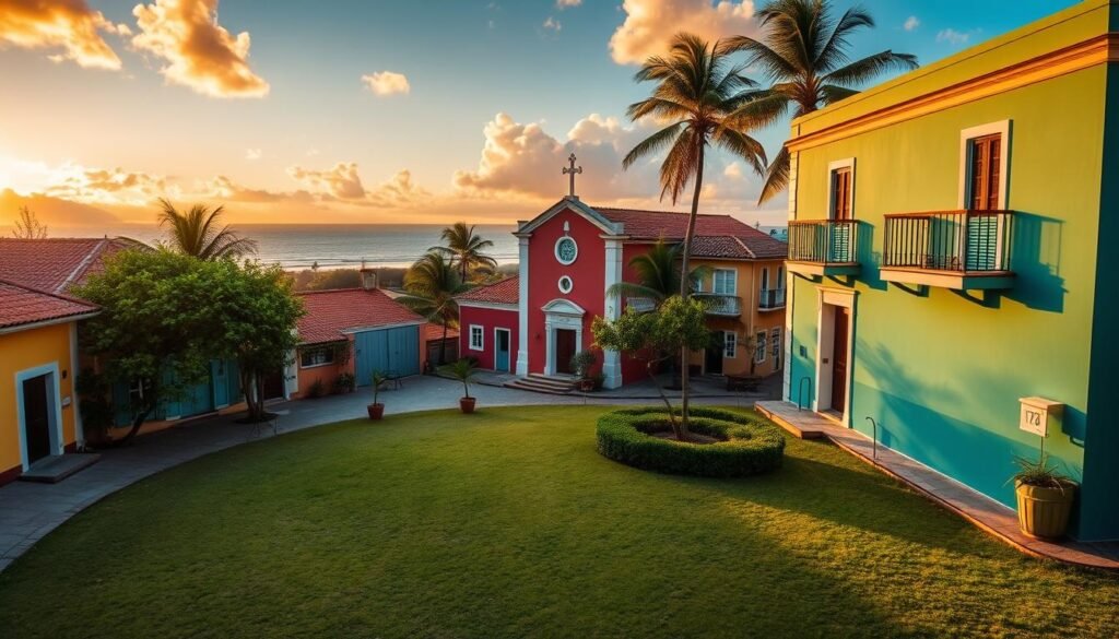 Colorful historic Quadrado district in Trancoso with luxury villas visible in background, representing best place to invest Brazil property Colorful historic Quadrado district in Trancoso with luxury villas visible in background, representing best place to invest Brazil property