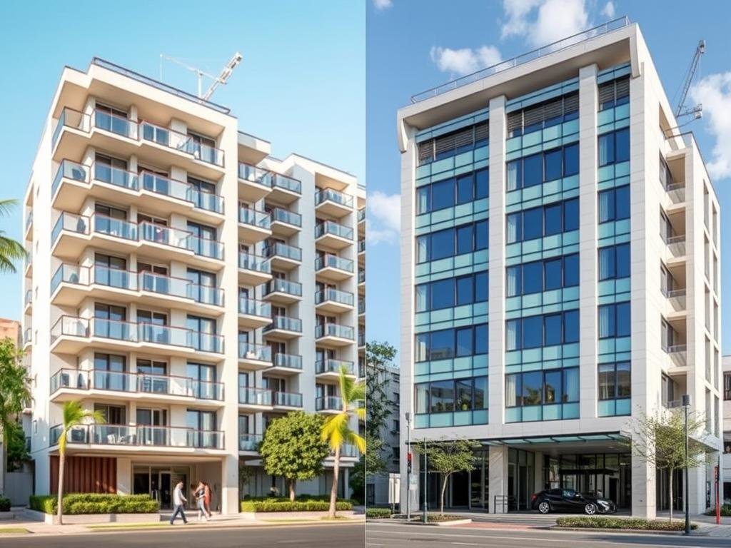 Comparação entre um prédio residencial moderno e um edifício comercial no Brasil, mostrando investimento em imóveis no Brasil Comparação entre um prédio residencial moderno e um edifício comercial no Brasil, mostrando investimento em imóveis no Brasil