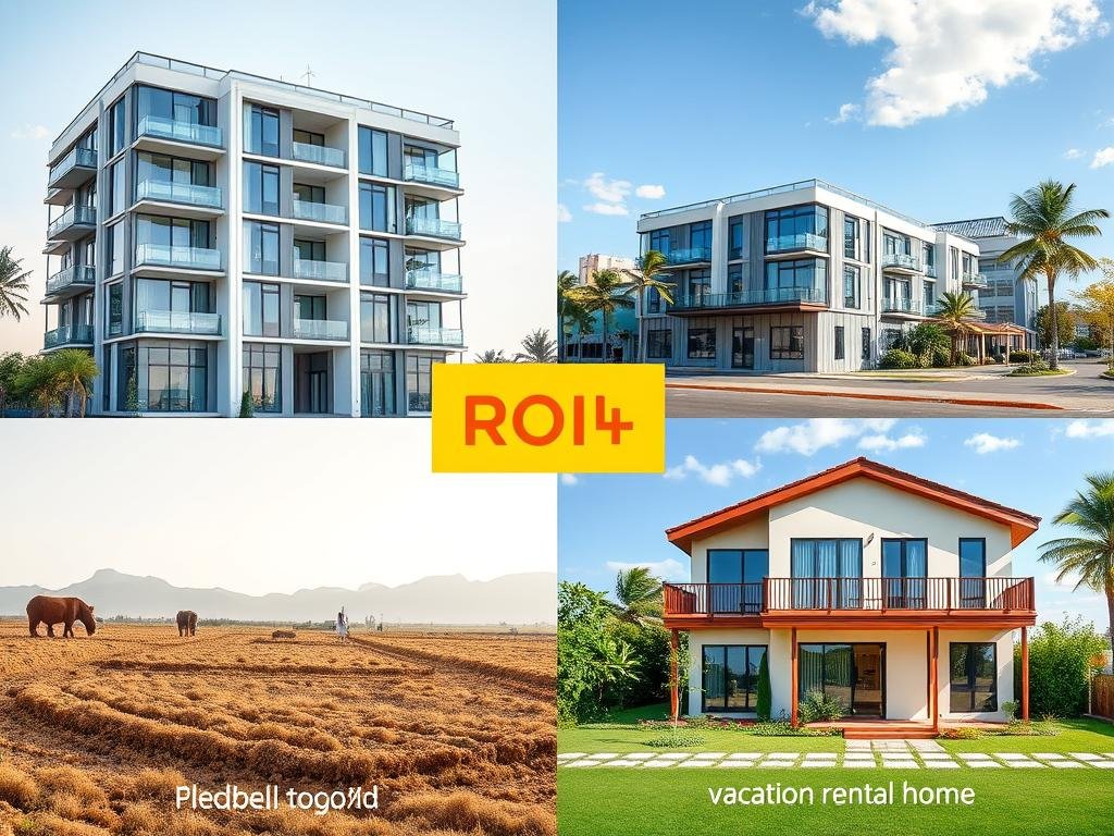 Comparação visual entre diferentes tipos de imóveis para investimento no Brasil, mostrando retornos de investimento em imóveis no Brasil por categoria Comparação visual entre diferentes tipos de imóveis para investimento no Brasil, mostrando retornos de investimento em imóveis no Brasil por categoria