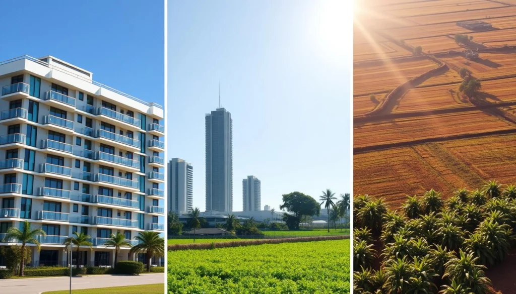 Comparison of Brazilian real estate investment types showing residential, commercial and agricultural properties Comparison of Brazilian real estate investment types showing residential, commercial and agricultural properties
