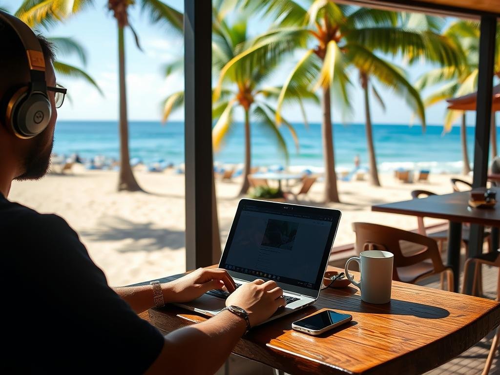 Digital nomad trabalhando em um café à beira-mar em Florianópolis, representando o estilo de vida possível nos melhores lugares para viver no Brasil Digital nomad trabalhando em um café à beira-mar em Florianópolis, representando o estilo de vida possível nos melhores lugares para viver no Brasil