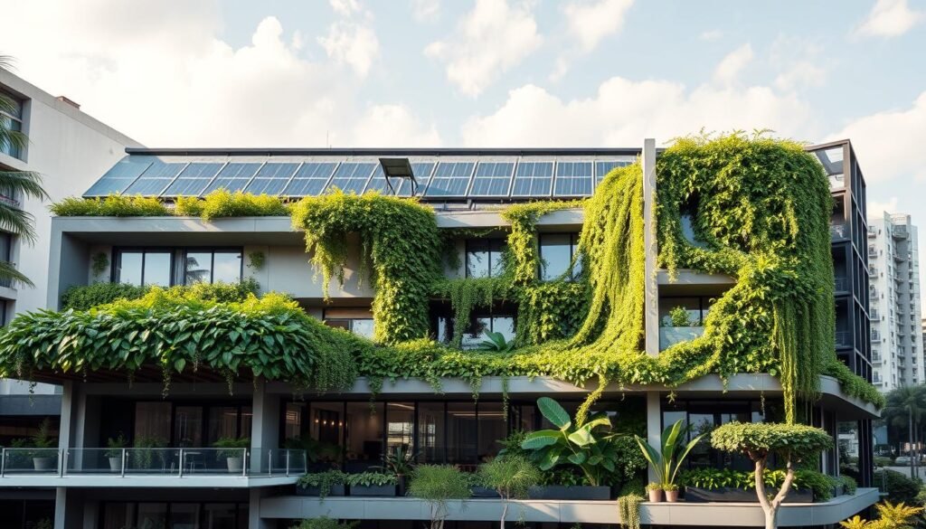 Edifício sustentável no Brasil com certificação LEED, mostrando elementos de design ecológico e eficiência energética Edifício sustentável no Brasil com certificação LEED, mostrando elementos de design ecológico e eficiência energética