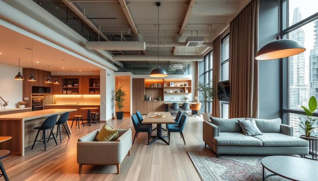 Espaço de co-living e co-working em São Paulo, mostrando áreas comuns e espaços de trabalho compartilhados Espaço de co-living e co-working em São Paulo, mostrando áreas comuns e espaços de trabalho compartilhados