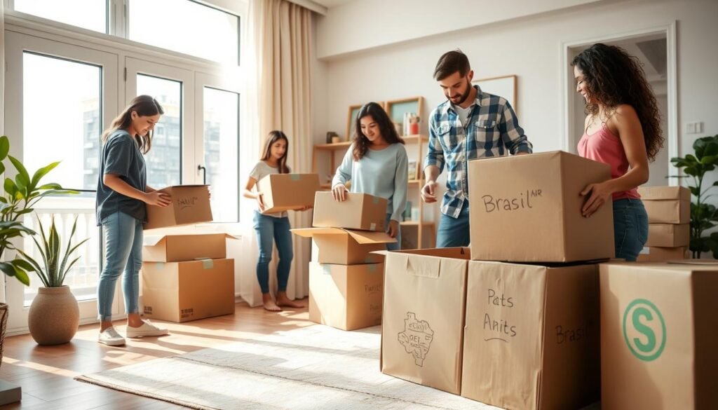 Família organizando a mudança para uma nova casa no Brasil, representando o processo de relocação para os melhores lugares para viver no Brasil Família organizando a mudança para uma nova casa no Brasil, representando o processo de relocação para os melhores lugares para viver no Brasil