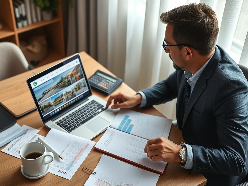 Foreign investor researching Brazil real estate market using online resources and professional guidance Foreign investor researching Brazil real estate market using online resources and professional guidance