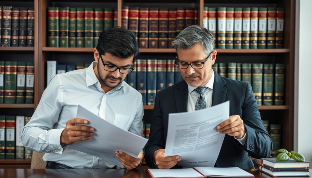 Foreign investor reviewing Brazilian property documents with a lawyer Foreign investor reviewing Brazilian property documents with a lawyer