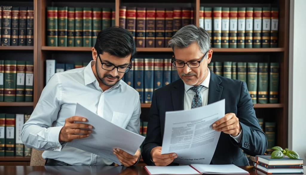 Foreign investor reviewing Brazilian property documents with a lawyer Foreign investor reviewing Brazilian property documents with a lawyer