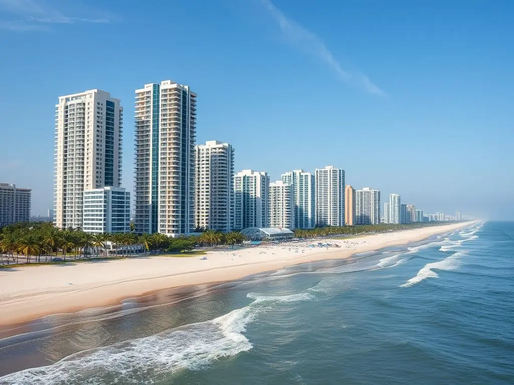 Fortaleza beachfront with modern residential developments and palm trees Fortaleza beachfront with modern residential developments and palm trees