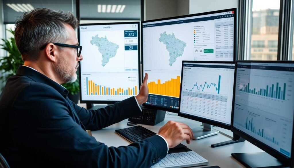 Investidor analisando dados e mapas para encontrar o melhor lugar para investir em imóveis no Brasil Investidor analisando dados e mapas para encontrar o melhor lugar para investir em imóveis no Brasil