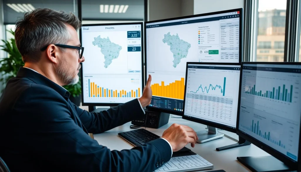 Investidor analisando dados e mapas para encontrar o melhor lugar para investir em imóveis no Brasil Investidor analisando dados e mapas para encontrar o melhor lugar para investir em imóveis no Brasil