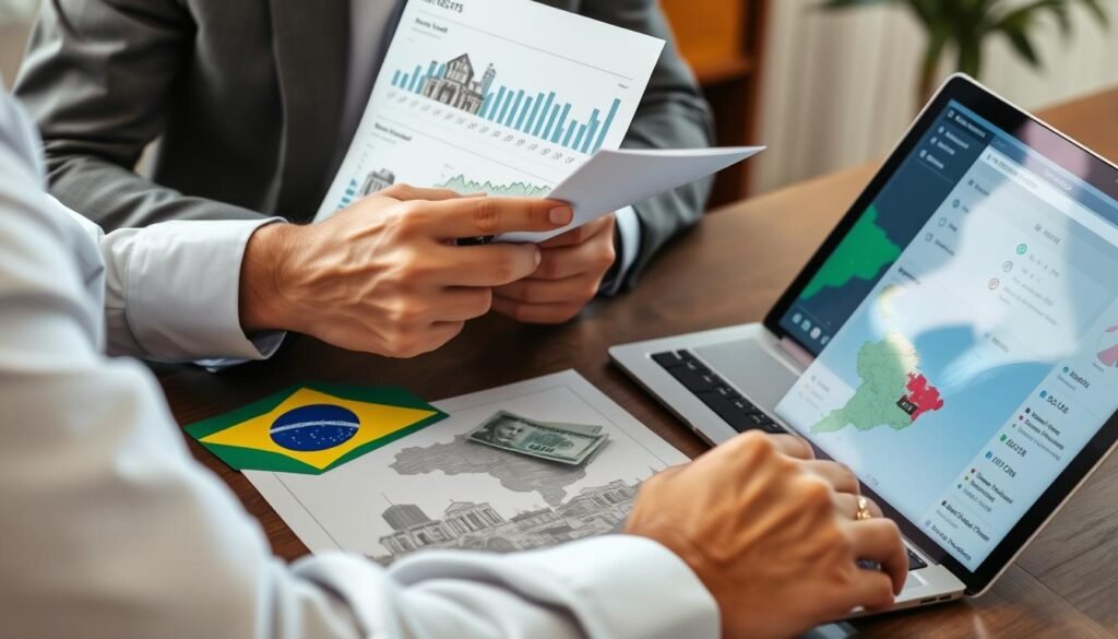 Investidor analisando oportunidades de retornos de investimento em imóveis no Brasil com gráficos e mapas Investidor analisando oportunidades de retornos de investimento em imóveis no Brasil com gráficos e mapas