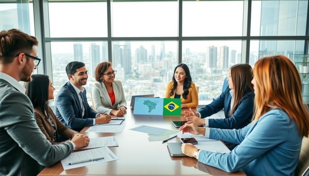 Investidores estrangeiros consultando especialistas sobre investimento em imóveis no Brasil Investidores estrangeiros consultando especialistas sobre investimento em imóveis no Brasil
