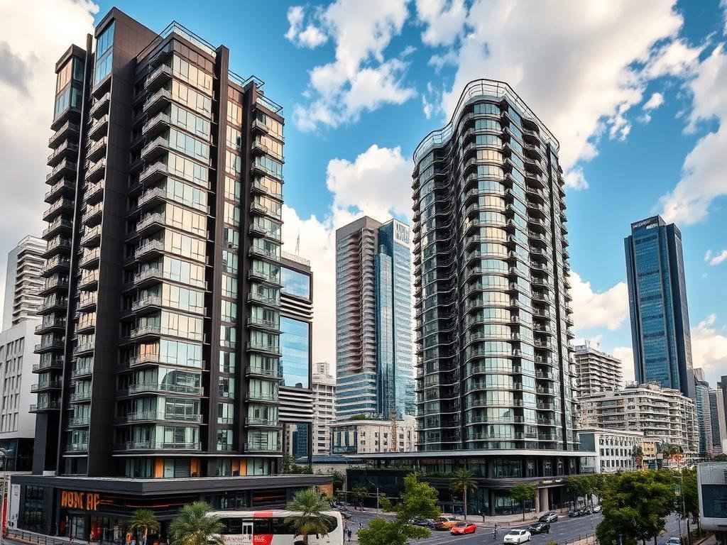 Modern high-rise condominiums in São Paulo's financial district, representing invest in Brazil real estate opportunities in urban centers Modern high-rise condominiums in São Paulo's financial district, representing invest in Brazil real estate opportunities in urban centers