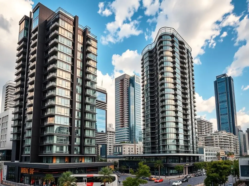 Modern high-rise condominiums in São Paulo's financial district, representing invest in Brazil real estate opportunities in urban centers Modern high-rise condominiums in São Paulo's financial district, representing invest in Brazil real estate opportunities in urban centers