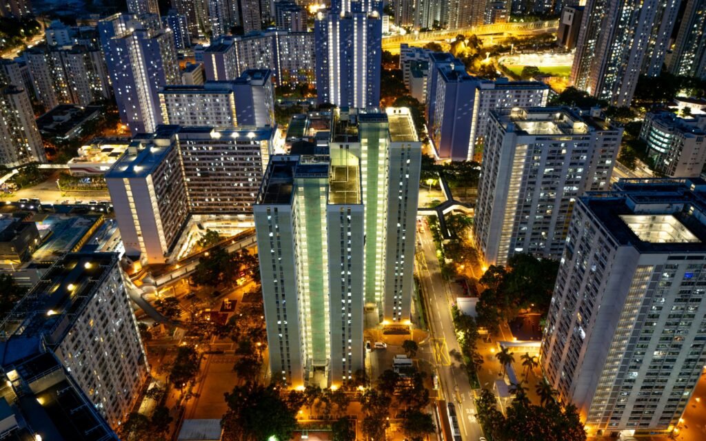 Nighttime cityscape with illuminated skyscrapers and buildings. Nighttime cityscape with illuminated skyscrapers and buildings.