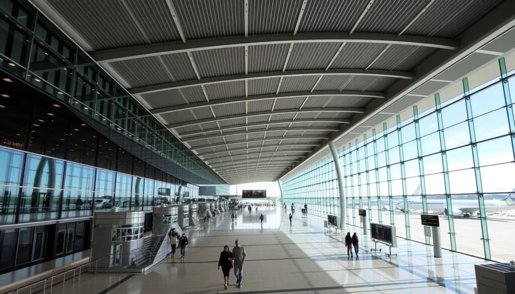 Novo terminal do Aeroporto Internacional de Florianópolis, representando os investimentos em infraestrutura na região Novo terminal do Aeroporto Internacional de Florianópolis, representando os investimentos em infraestrutura na região