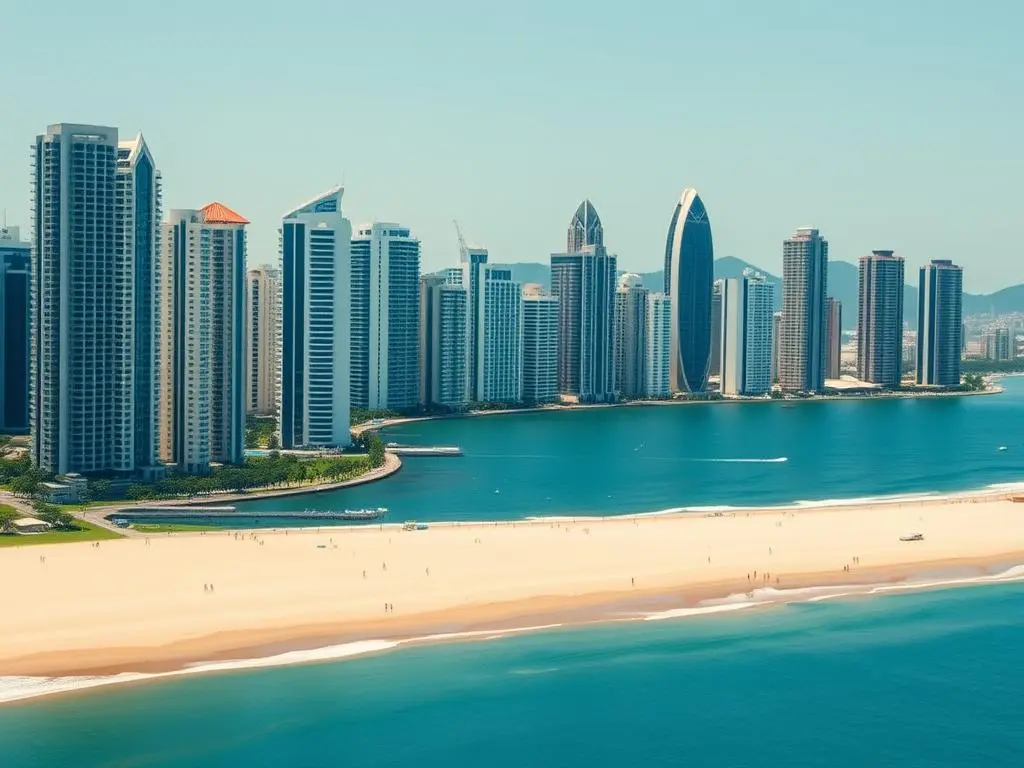 Orla de Balneário Camboriú com seus arranha-céus à beira-mar, mostrando oportunidades de investimento em imóveis no Brasil Orla de Balneário Camboriú com seus arranha-céus à beira-mar, mostrando oportunidades de investimento em imóveis no Brasil