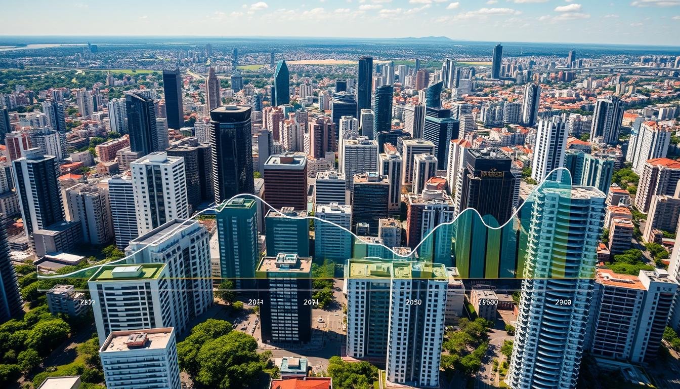 Panorama do mercado imobiliário brasileiro mostrando prédios modernos em São Paulo com gráficos de retornos de investimento em imóveis no Brasil