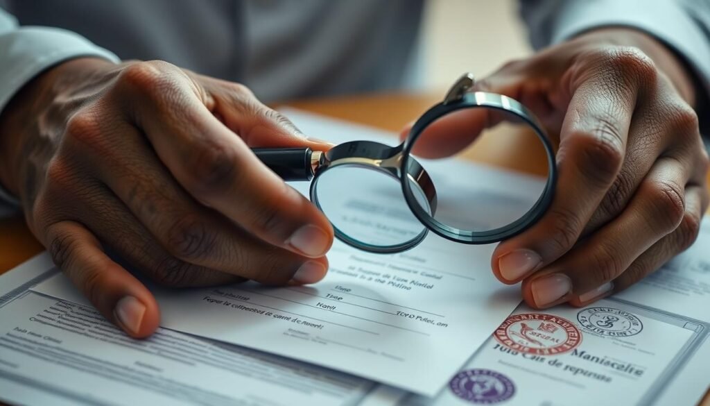 Person reviewing property documents with a magnifying glass Person reviewing property documents with a magnifying glass