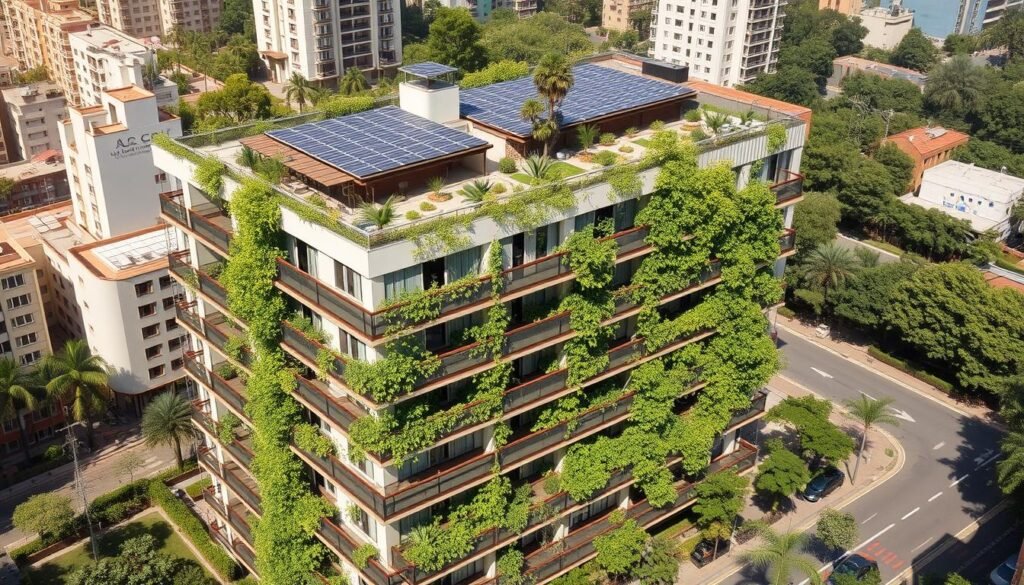Prédio com certificação sustentável e painéis solares, representando tendência no melhor lugar para investir em imóveis no Brasil Prédio com certificação sustentável e painéis solares, representando tendência no melhor lugar para investir em imóveis no Brasil