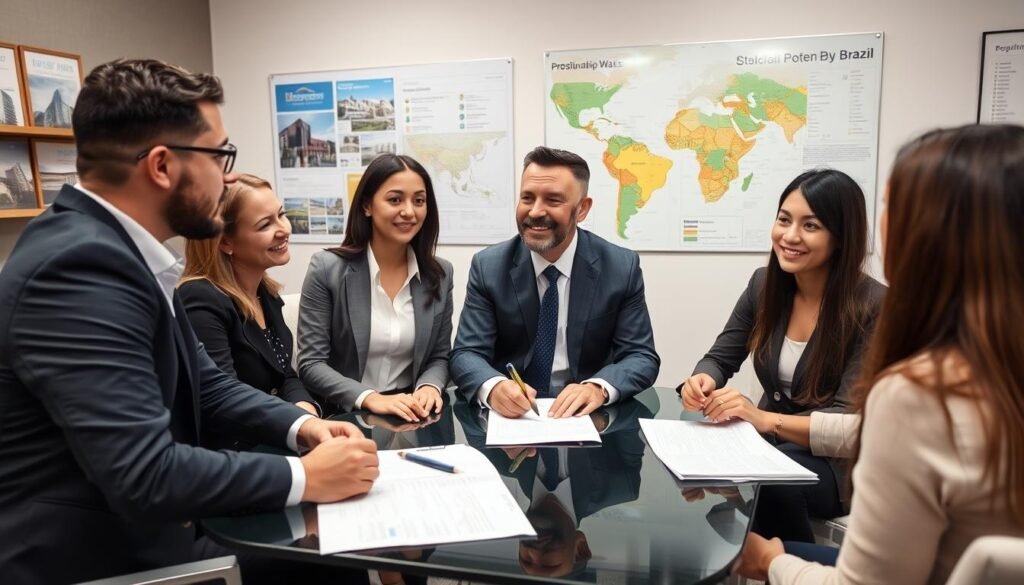 Professional team meeting with foreign investor about Brazilian real estate opportunities Professional team meeting with foreign investor about Brazilian real estate opportunities