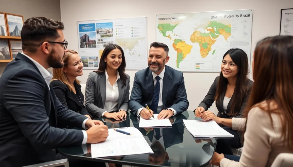 Professional team meeting with foreign investor about Brazilian real estate opportunities Professional team meeting with foreign investor about Brazilian real estate opportunities