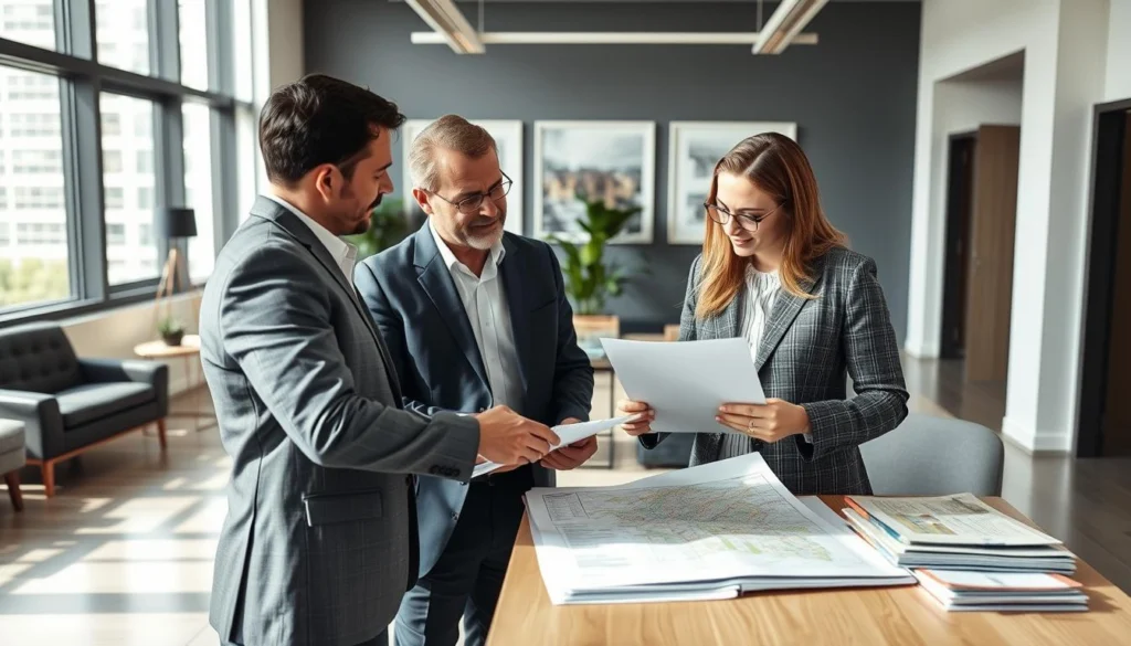 Real estate investment consultants discussing Brazilian property opportunities with clients Real estate investment consultants discussing Brazilian property opportunities with clients