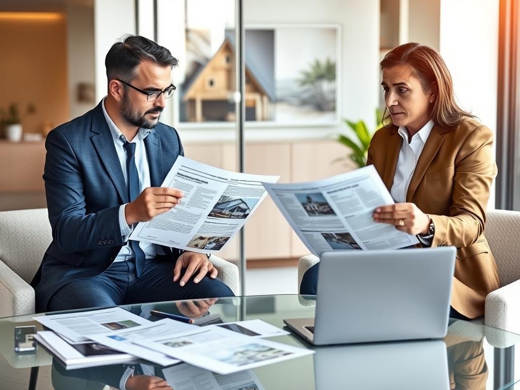 Risk assessment meeting between foreign investor and Brazilian real estate consultant reviewing property documents Risk assessment meeting between foreign investor and Brazilian real estate consultant reviewing property documents