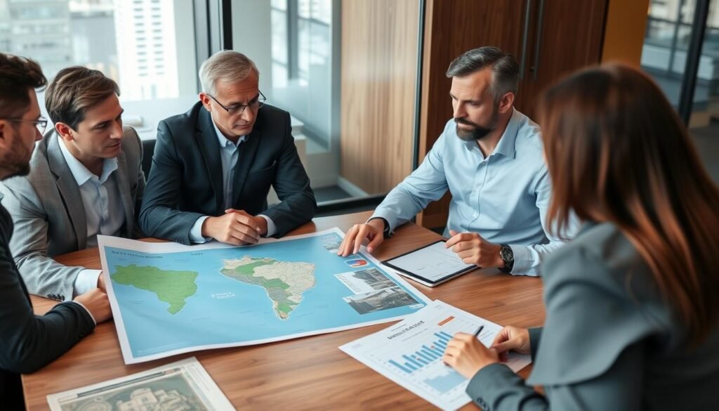 Risk assessment meeting for Brazilian real estate investment showing maps and analysis Risk assessment meeting for Brazilian real estate investment showing maps and analysis