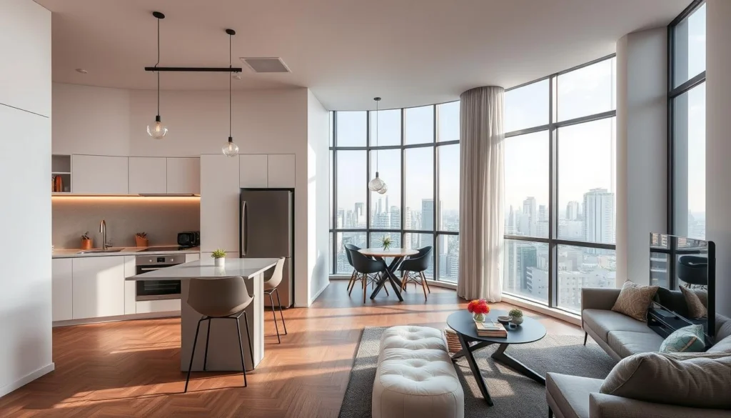 Studio moderno e compacto, representando um tipo de imóvel com alto retorno no melhor lugar para investir em imóveis no Brasil Studio moderno e compacto, representando um tipo de imóvel com alto retorno no melhor lugar para investir em imóveis no Brasil