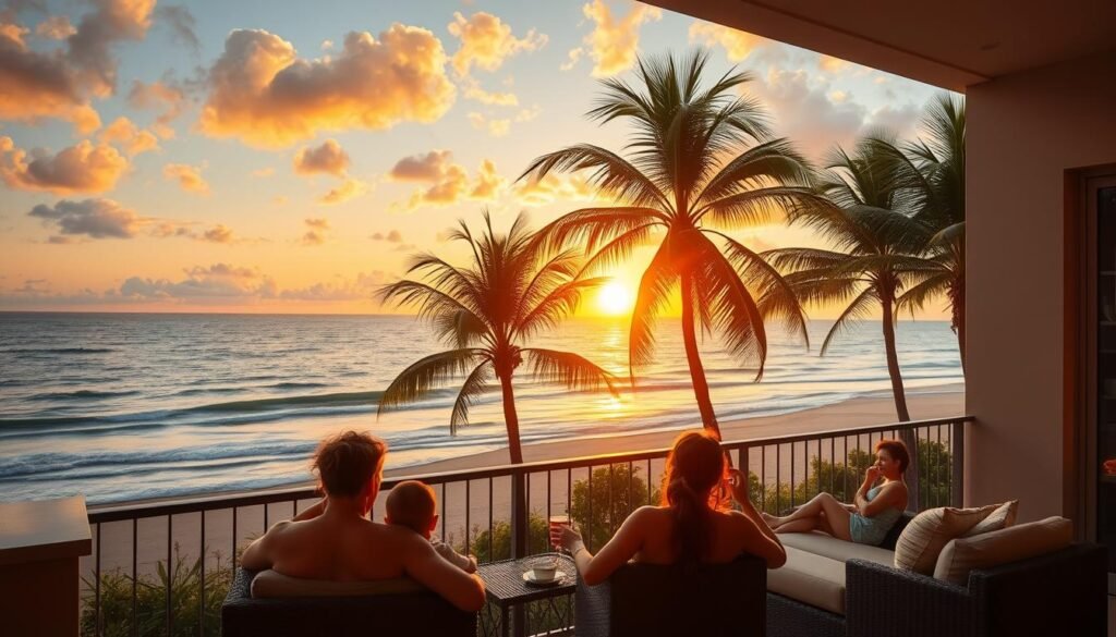 Sunset view of Brazilian beachfront property with family enjoying the terrace Sunset view of Brazilian beachfront property with family enjoying the terrace