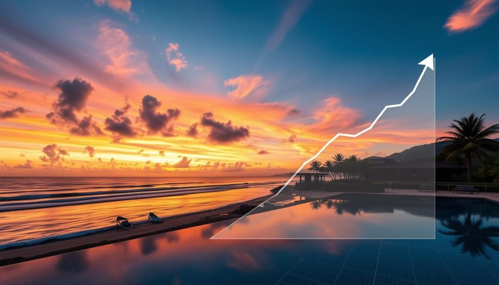 Sunset view of Brazilian beachfront property with investment growth chart overlay, symbolizing the best place to invest Brazil property (remove x axis number and y axis numbers) Sunset view of Brazilian beachfront property with investment growth chart overlay, symbolizing the best place to invest Brazil property (remove x axis number and y axis numbers)