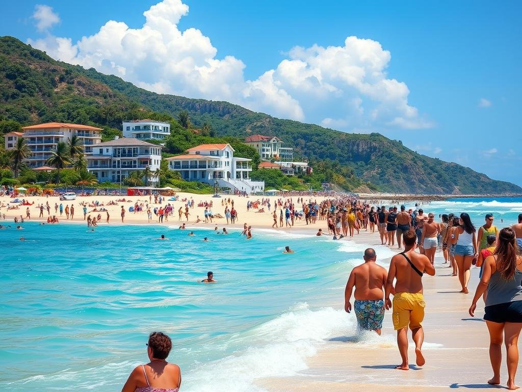 Turistas em praia brasileira impulsionando os retornos de investimento em imóveis no Brasil em regiões turísticas Turistas em praia brasileira impulsionando os retornos de investimento em imóveis no Brasil em regiões turísticas