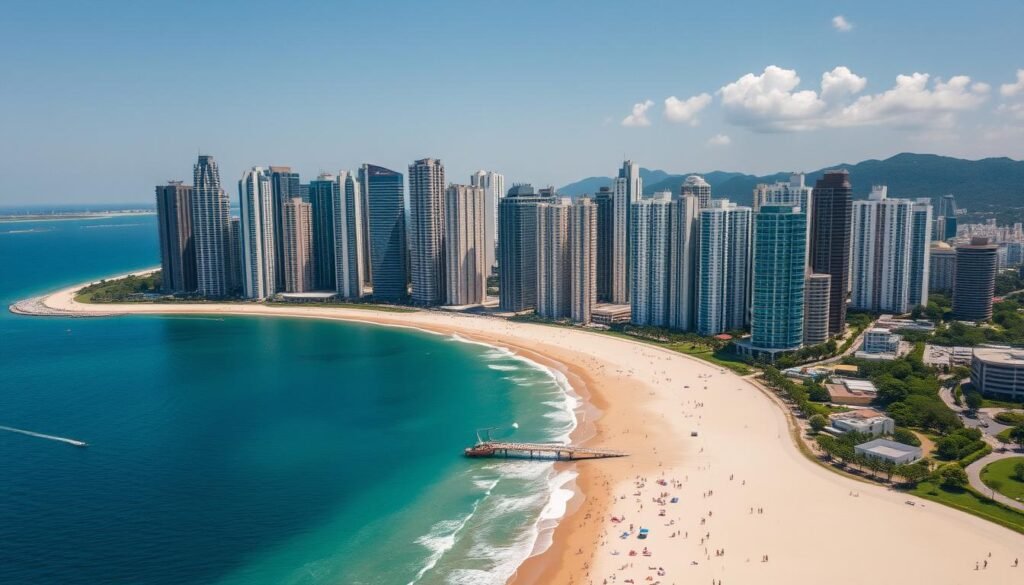 Vista aérea de Balneário Camboriú mostrando seus impressionantes arranha-céus à beira-mar, um dos melhores lugares para viver no Brasil Vista aérea de Balneário Camboriú mostrando seus impressionantes arranha-céus à beira-mar, um dos melhores lugares para viver no Brasil