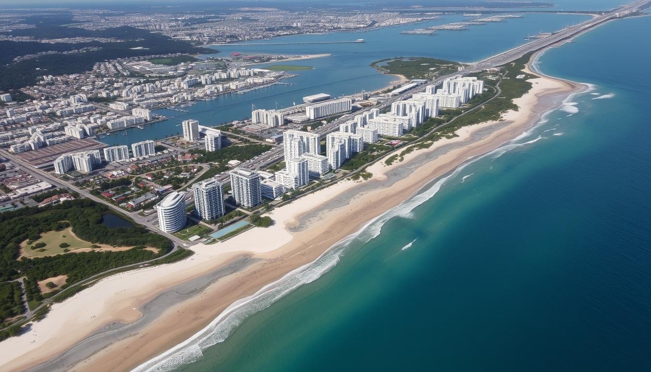 Vista aérea de Florianópolis mostrando o desenvolvimento imobiliário à beira-mar e o contraste entre áreas urbanas e naturais