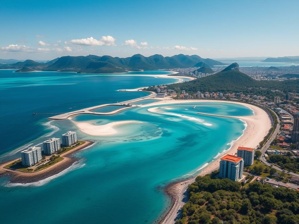 Vista aérea de Florianópolis mostrando praias e desenvolvimento imobiliário, ilustrando o investimento em imóveis no Brasil Vista aérea de Florianópolis mostrando praias e desenvolvimento imobiliário, ilustrando o investimento em imóveis no Brasil